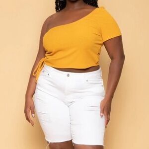 🟤NWT CURVY SENSE Plus AsymmetricalRibbed Crop Top in Mustard
